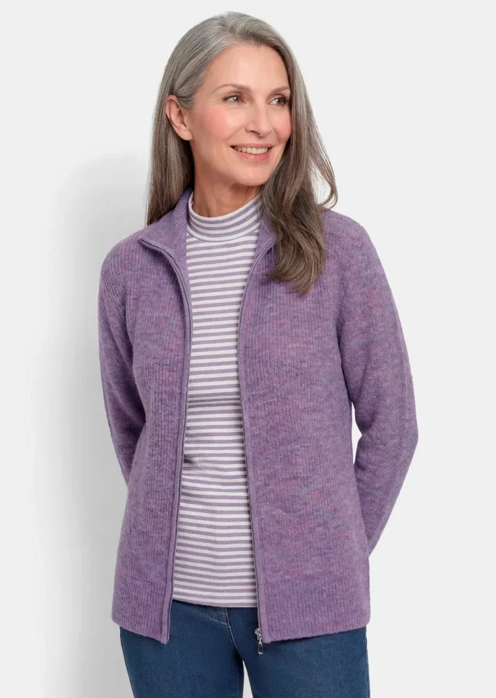 Strickjacke in Rippenstruktur mit Reissverschluss - flieder / méliert - Gr. 21 von Goldner Fashion