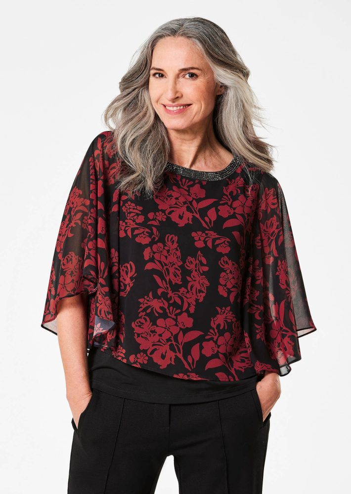 Blusenshirt mit weiten Chiffon-Ärmeln - schwarz / rot / geblümt - Gr. 20 von Goldner Fashion