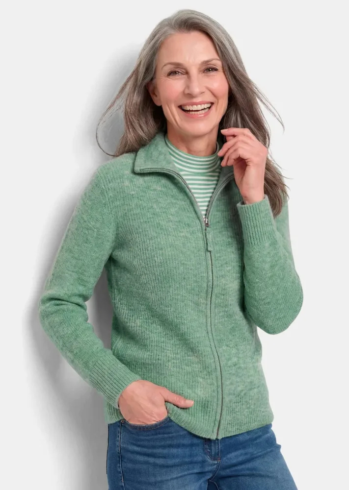 Strickjacke in Rippenstruktur mit Reissverschluss - hellgrün / méliert - Gr. 25 von Goldner Fashion