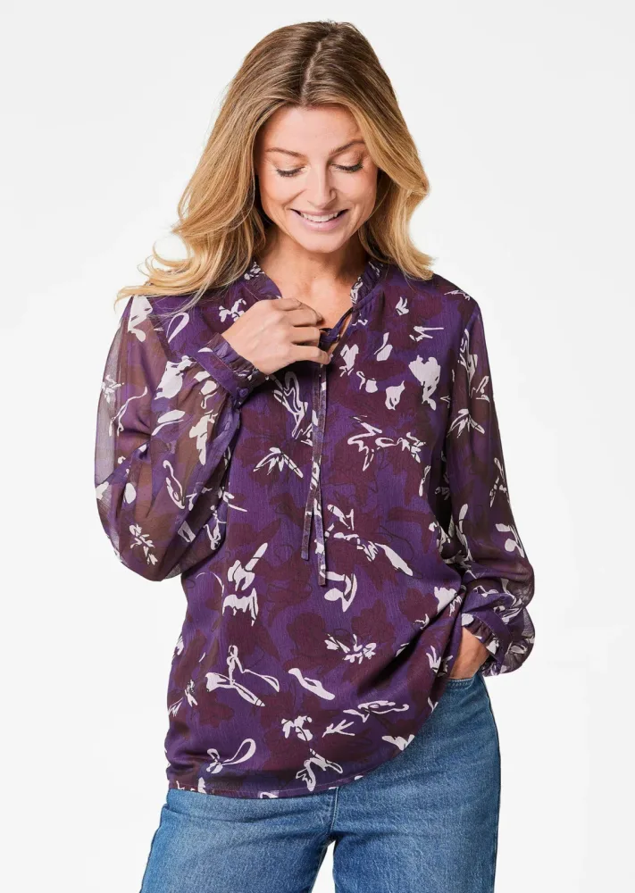 Chiffonbluse mit Gummibündchen - beere / gemustert - Gr. 19 von Goldner Fashion