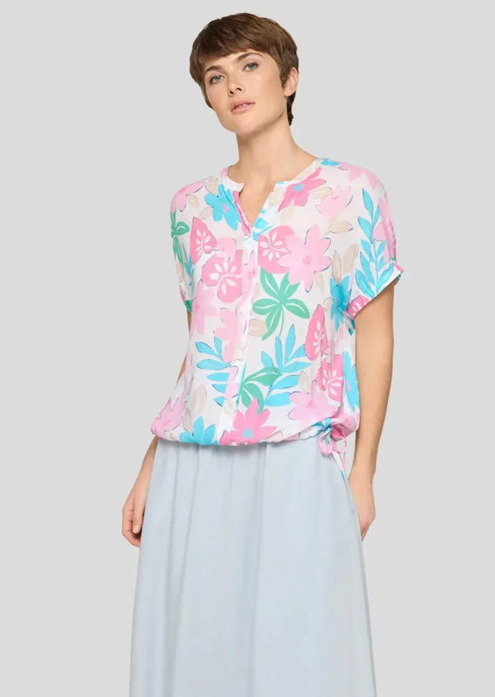 Sommerbluse mit Tunnelzug am Saum - pink / rosé / blau - Gr. 40 von Goldner Fashion