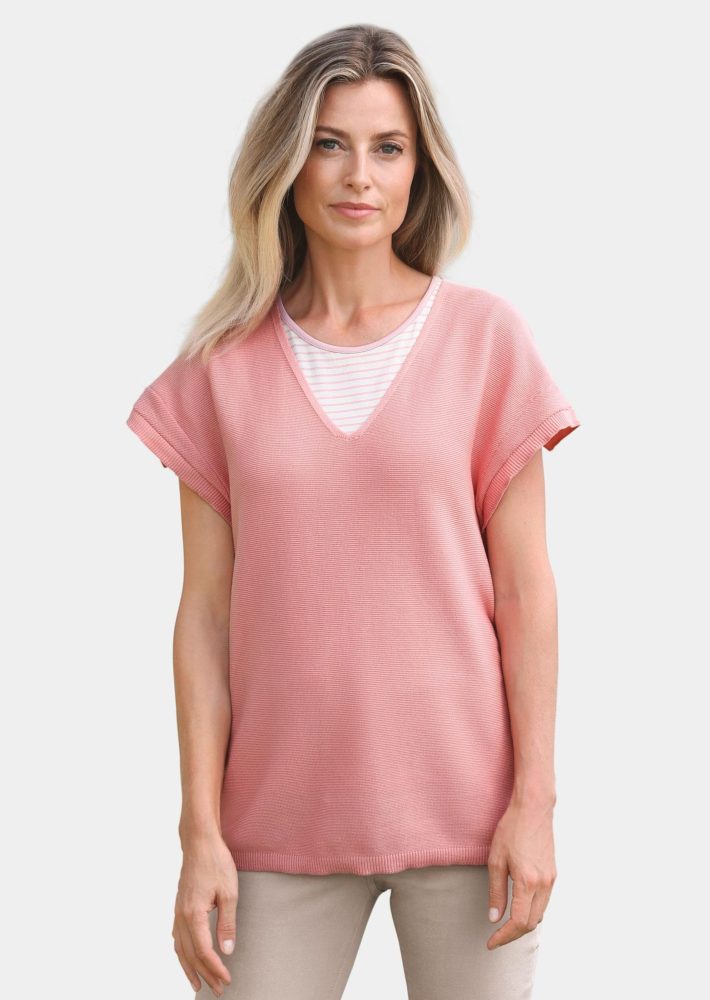 Baumwollpullover mit V-Ausschnitt und Halbarm - rosé - Gr. 22 von Goldner Fashion