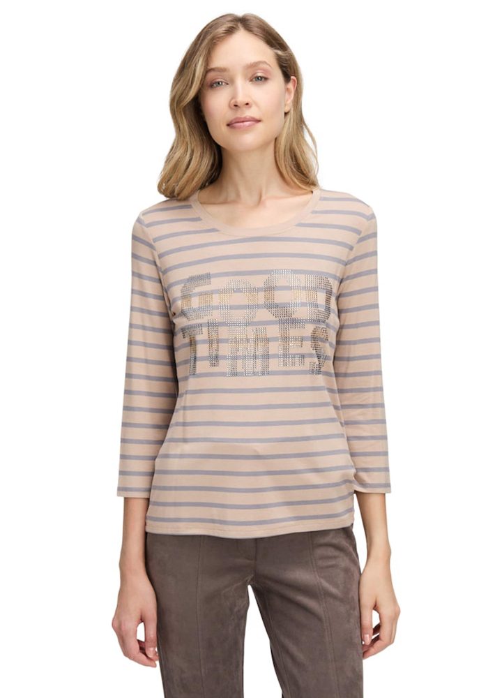 Ringelshirt mit Glitzerdruck - beige / grau - Gr. 38 von Goldner Fashion