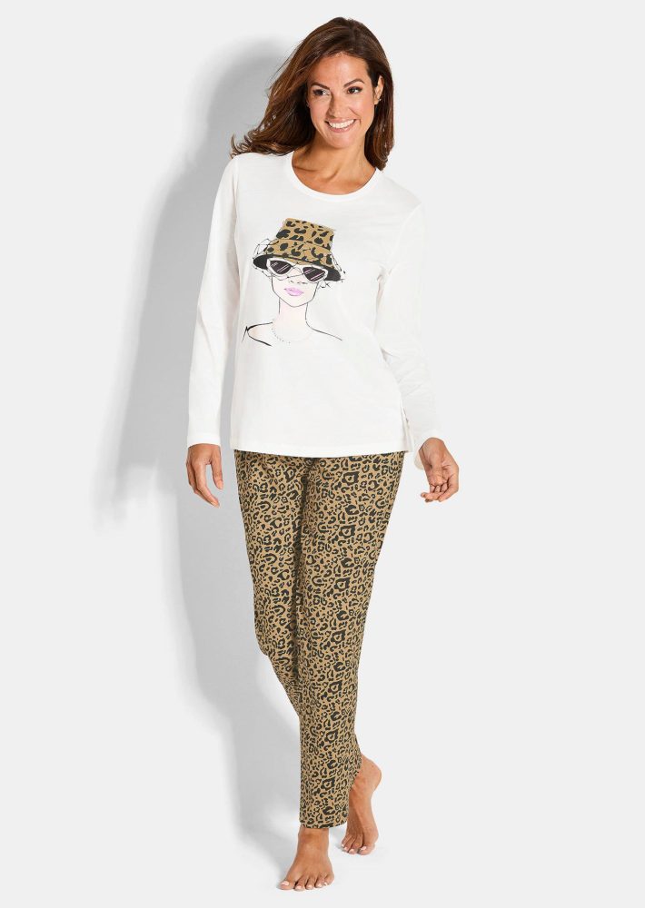 Pyjama mit Animal Print - cremeweiss / camel / schwarz - Gr. 44/46 von Goldner Fashion
