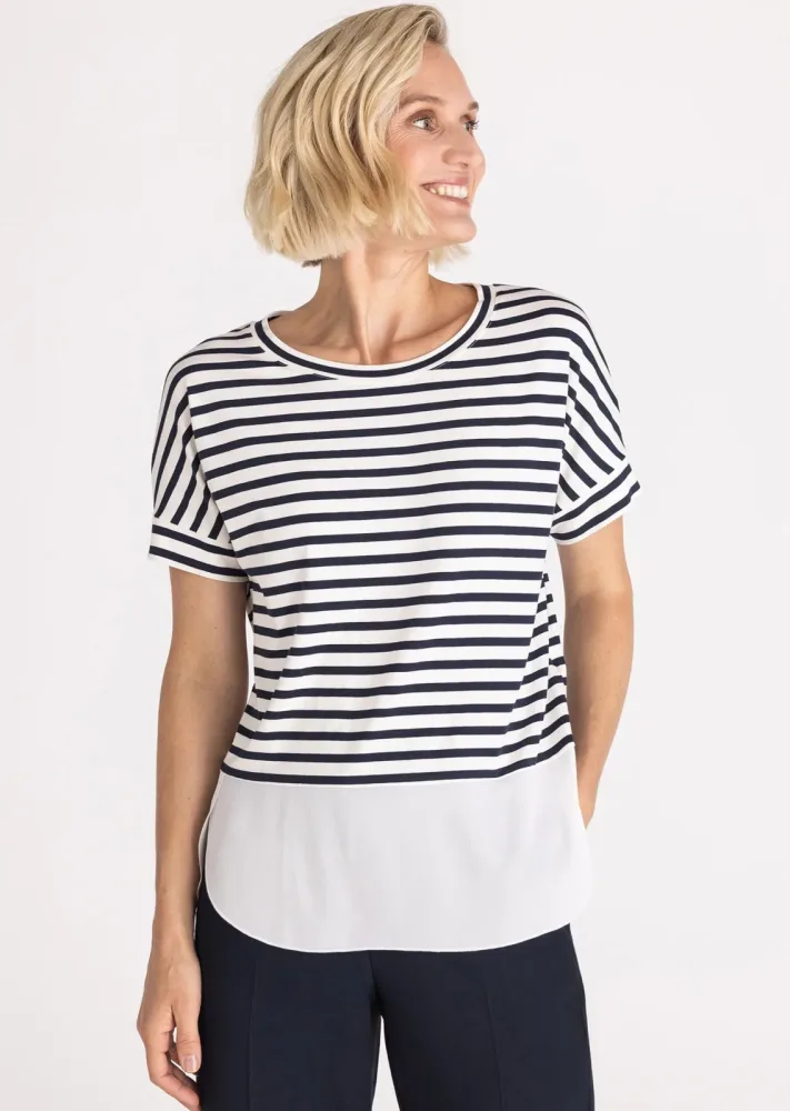 Ringelshirt mit angeschnittenem Saum - cremeweiss / dunkelblau - Gr. 44 von Goldner Fashion