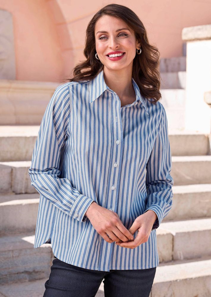 Streifenbluse im Oversize-Style - blau / cremeweiss / grau - Gr. 38 von Goldner Fashion
