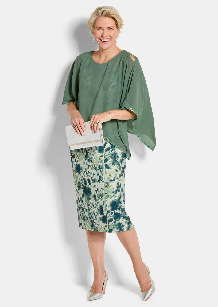 Blumenkleid mit Chiffon-Überwurf - salbei / weiss / geblümt - Gr. 19 von Goldner Fashion