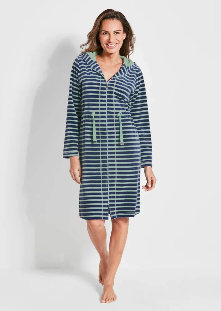 Nicki-Hausmantel mit Reißverschluß - salbei / marine / geringelt - Gr. 20 von Goldner Fashion