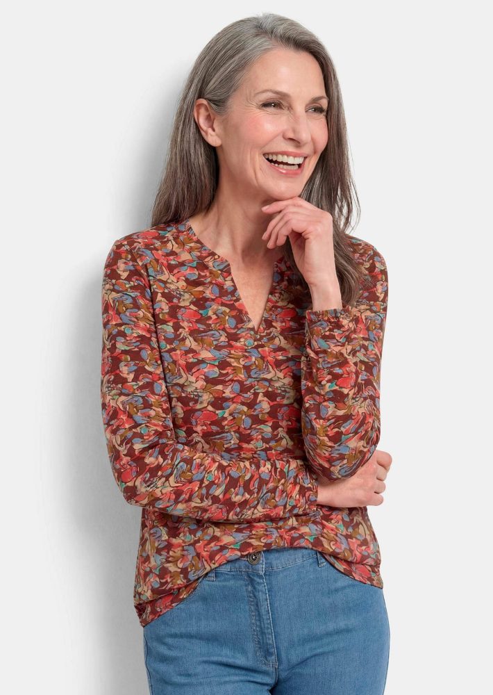 Pflegeleichte Jerseybluse mit All-Over-Print - rostrot / gemustert - Gr. 50 von Goldner Fashion