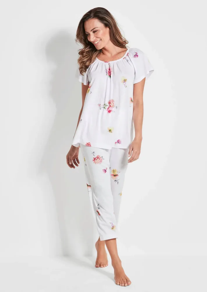 Halbarm-Pyjama mit Blütendruck - weiss / bunt / gemustert - Gr. 38 von Goldner Fashion