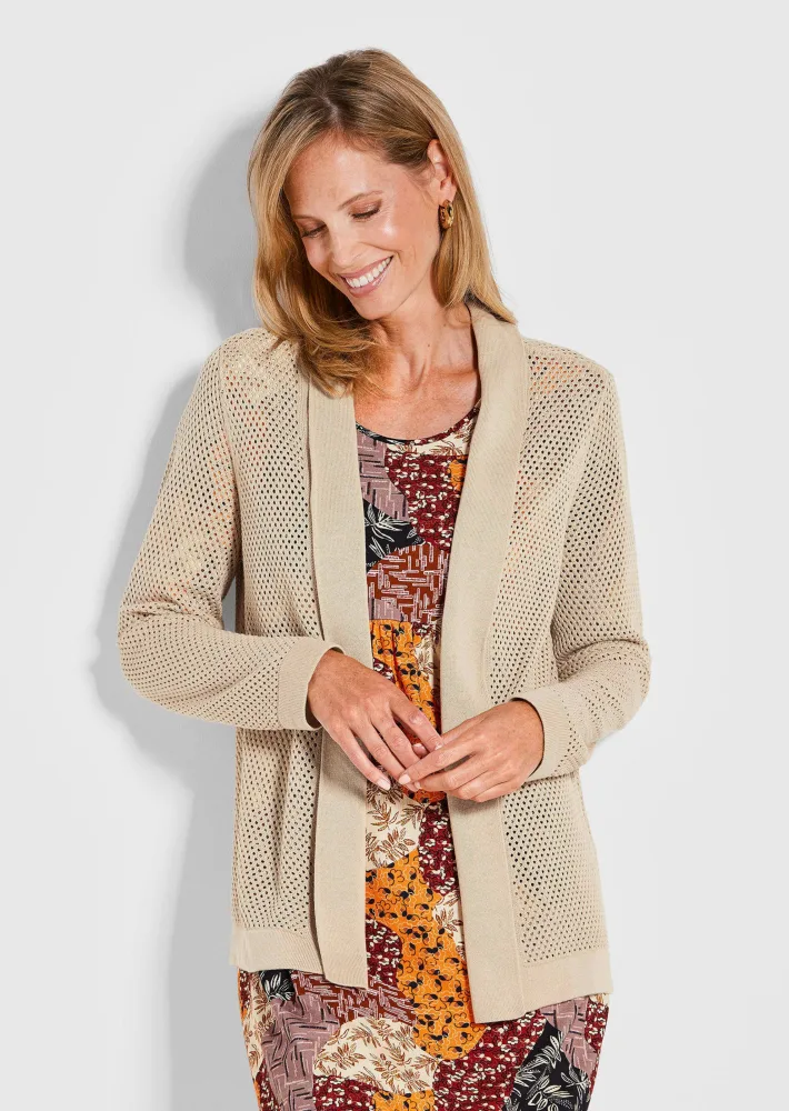 Strickjacke in feinem Ajour-Lochmuster - beige - Gr. 50 von Goldner Fashion