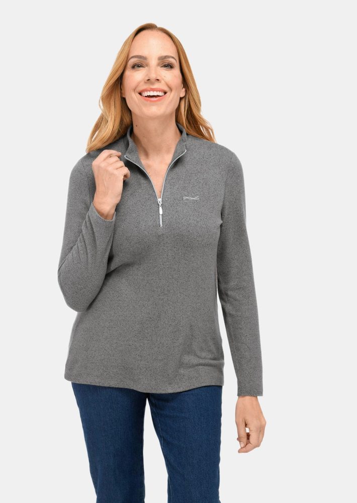 Flauschiges Stehbundshirt mit Reißverschluss und glänzendem, gesticktem Logo - grau / méliert - Gr. 25 von Goldner Fashion