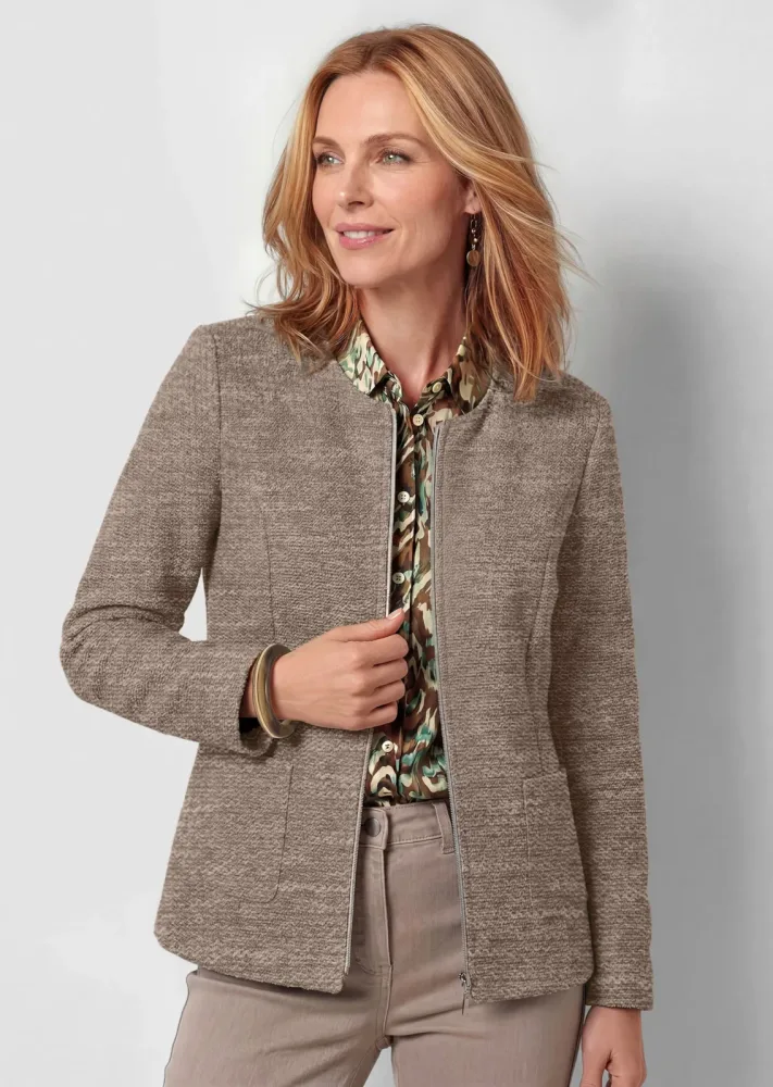 Jacke in Bouclé-Optik mit Baumwolle - camel / gemustert - Gr. 21 von Goldner Fashion