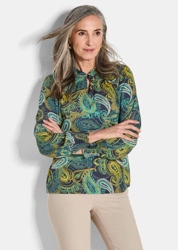 Bluse aus fliessendem Viskose-Satin - smaragd / gemustert - Gr. 46 von Goldner Fashion