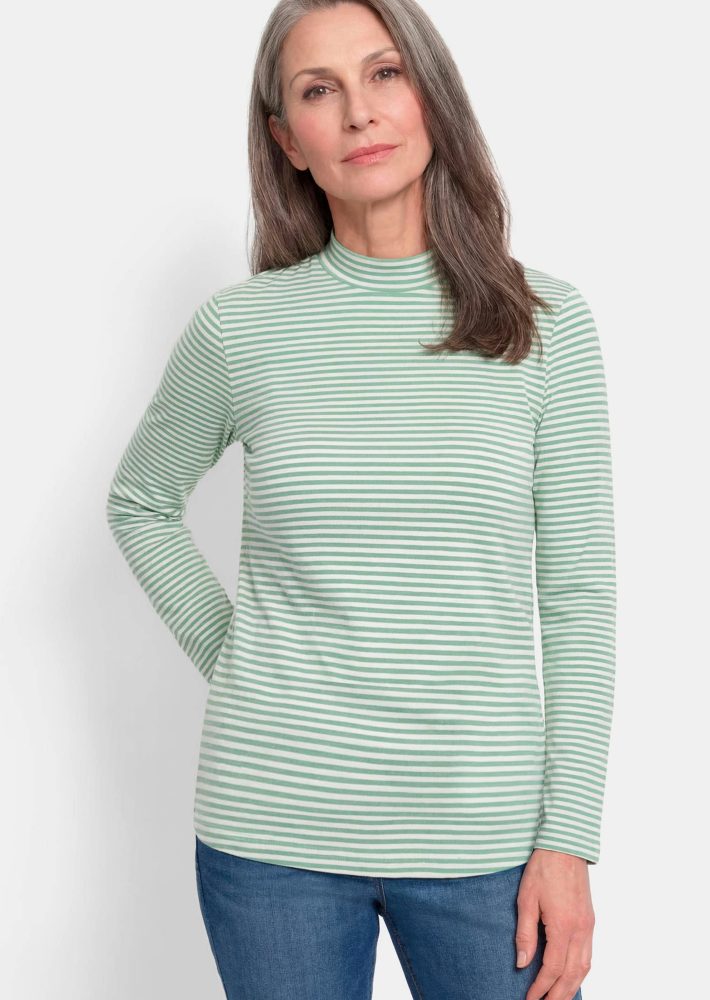 Langarmshirt mit Ringel und Stehkragen - hellgrün / cremeweiss / geringelt - Gr. 54 von Goldner Fashion
