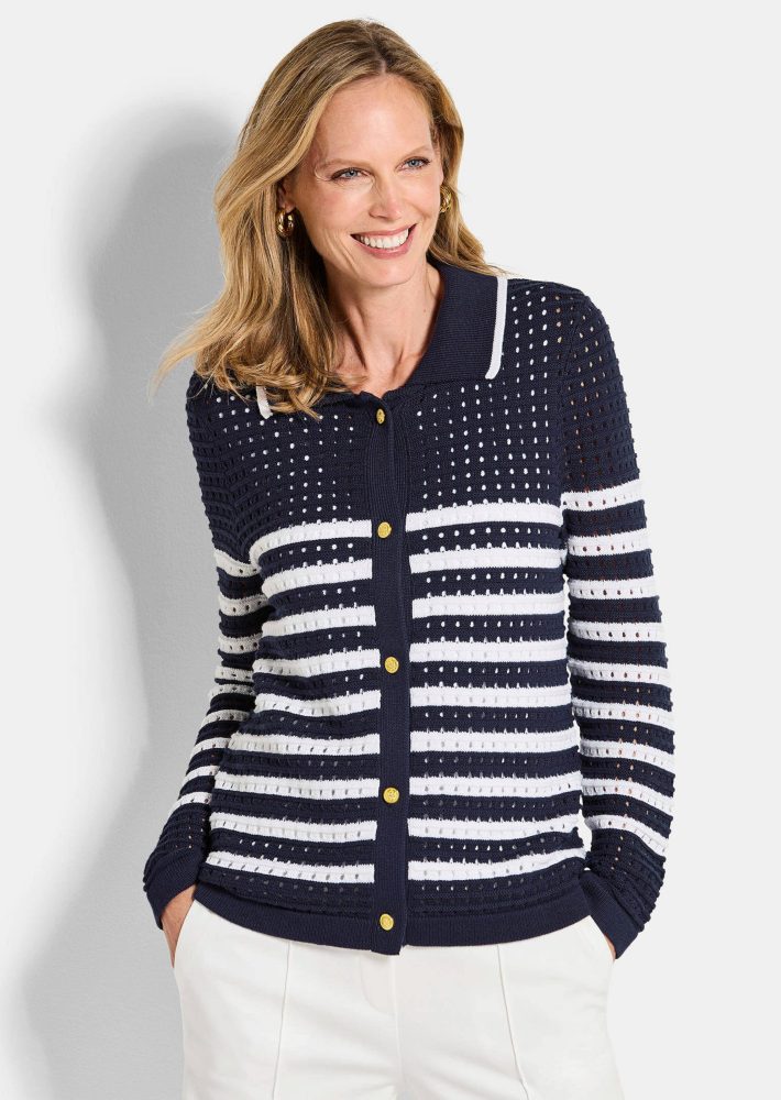 Strickjacke mit Polokragen - marine / weiss / gemustert - Gr. 40 von Goldner Fashion