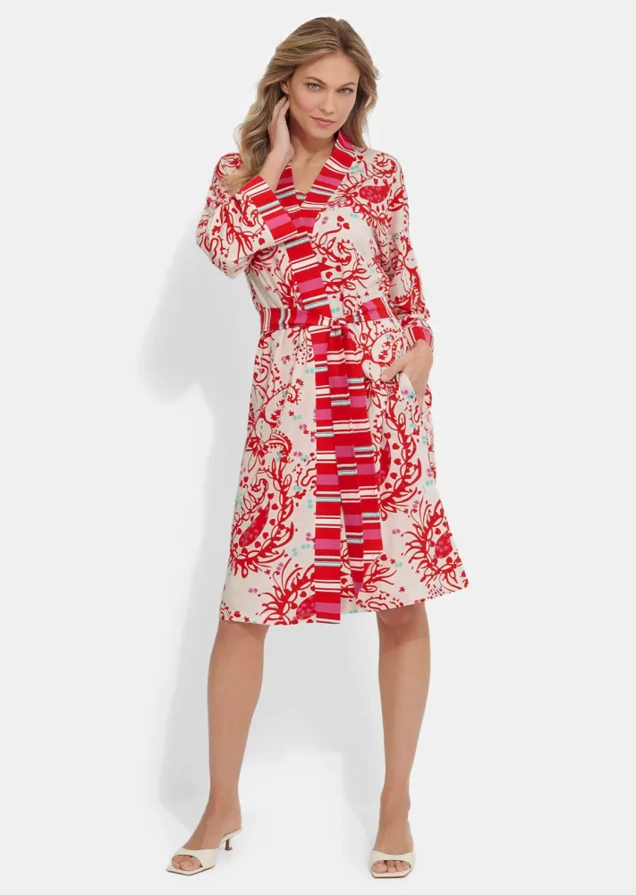 Morgenmantel im farbharmonischen Mustermix - rot / pink / cremeweiss / gemustert - Gr. 19 von Goldner Fashion