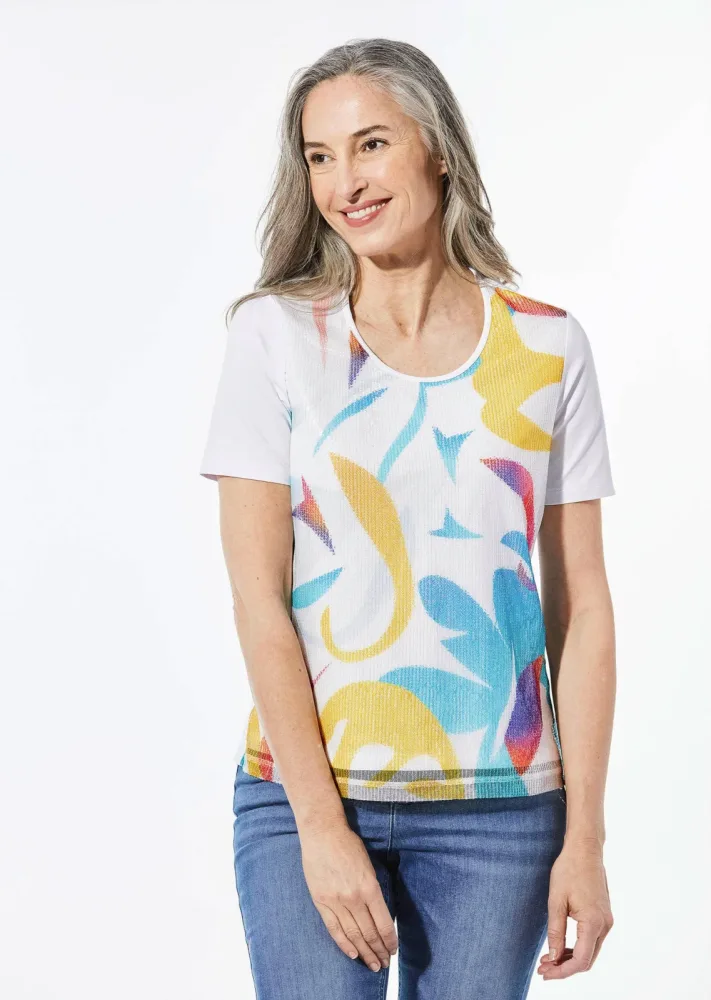Shirt mit Rundhalsausschnitt - weiss / gemustert - Gr. 19 von Goldner Fashion