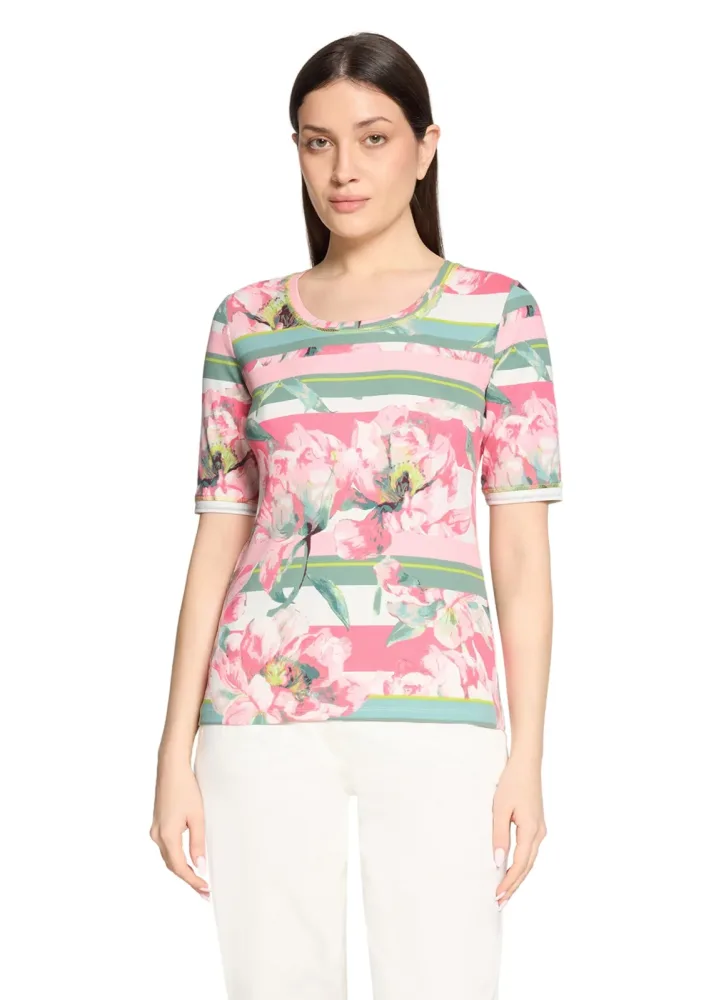 Rippenshirt mit Blüten und Streifen - cremeweiss / rosé - Gr. 40 von Goldner Fashion