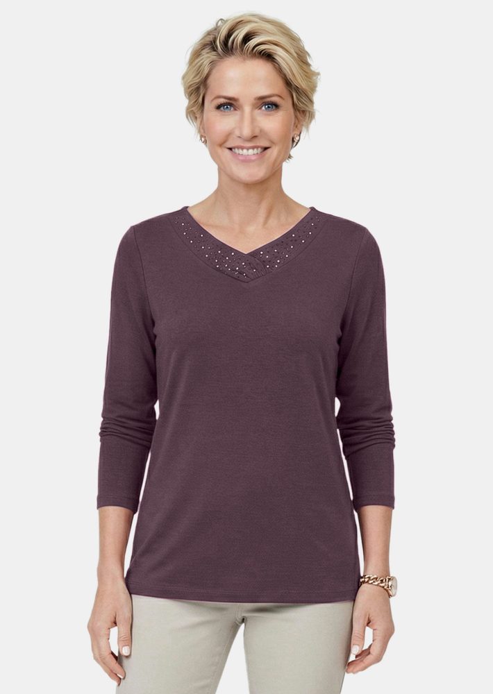 Langarmshirt mit glitzerndem V-Ausschnitt - beere - Gr. 19 von Goldner Fashion