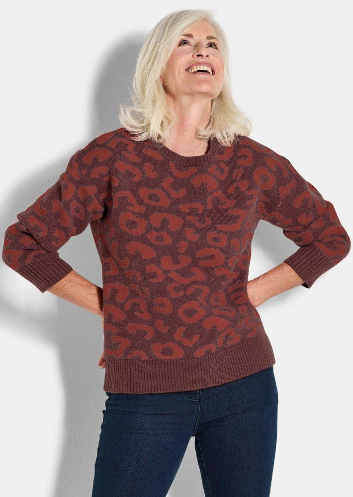 Pullover mit Leomuster - bordeaux / gemustert - Gr. 38 von Goldner Fashion
