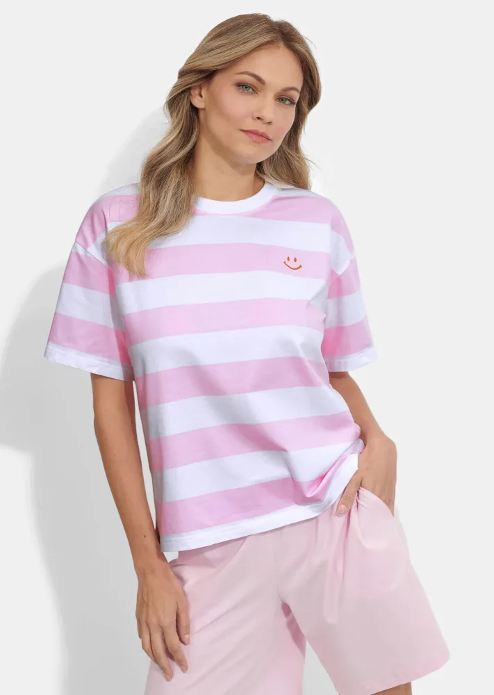 Baumwollshirt mit femininem Streifenprint - rosé / weiss / gestreift - Gr. L von Goldner Fashion