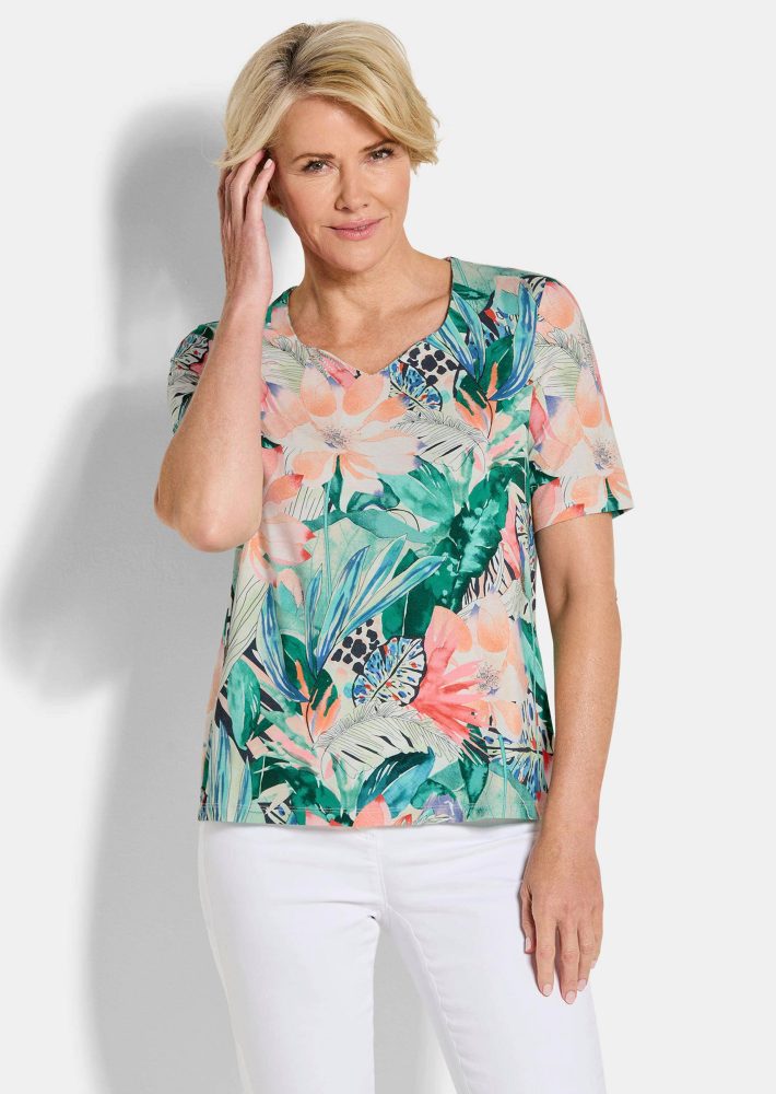 Feminines Shirt mit Herzausschnitt - bunt / gemustert - Gr. 19 von Goldner Fashion