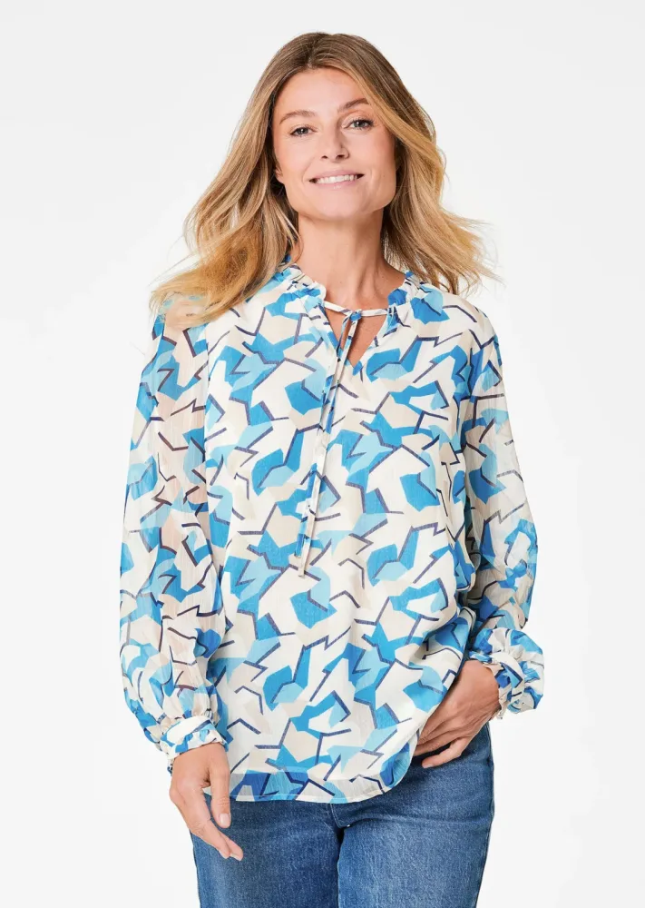 Chiffonbluse mit Gummibündchen - blau / gemustert - Gr. 44 von Goldner Fashion