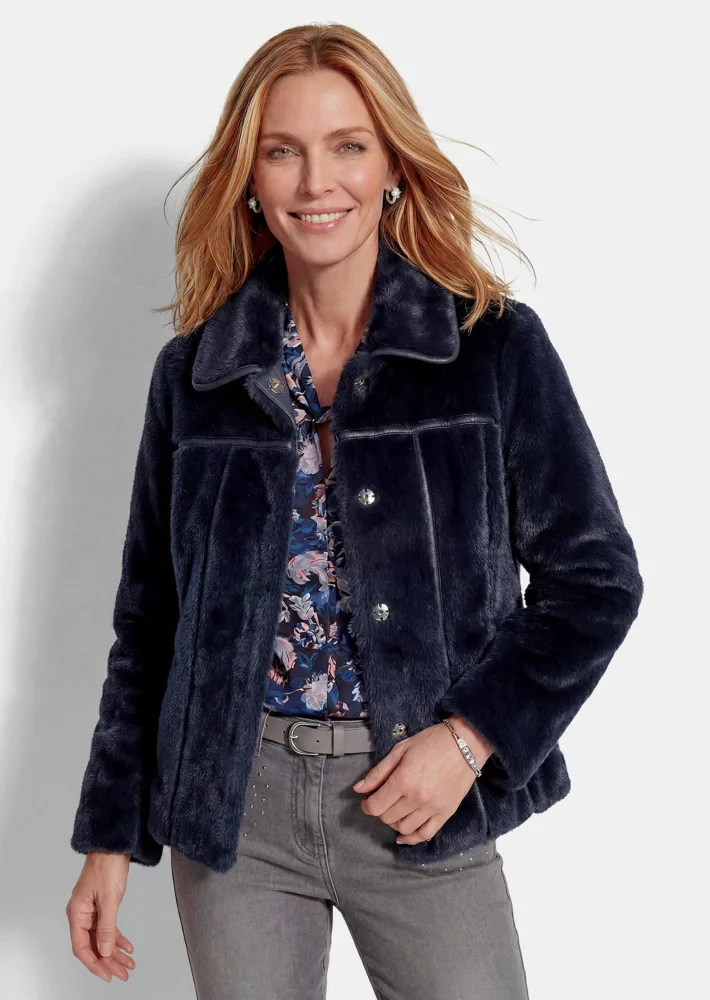 Wendejacke mit Leder- und Fell-Look - dunkelblau - Gr. 21 von Goldner Fashion
