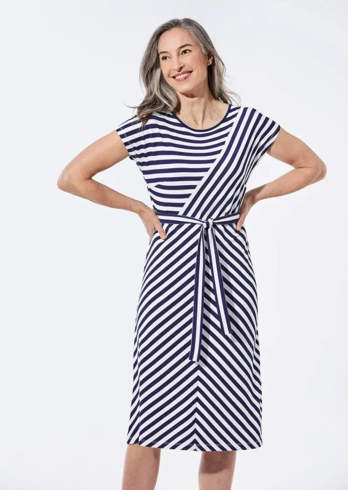 Kleid mit U-Boot-Ausschnitt - marine / weiss / gemustert - Gr. 23 von Goldner Fashion