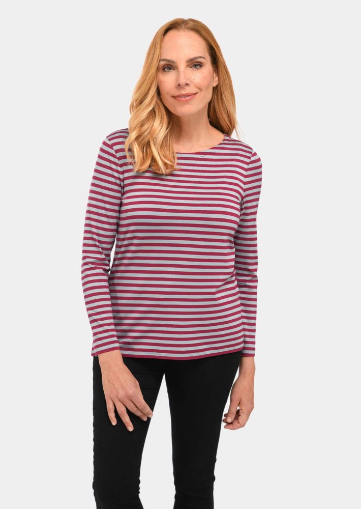 Ringelshirt mit hochwertigen, garngefärbten Ringeln ? auch nach häufigem Waschen bleibt die Farbe lange schön. In formstabiler Baumwoll-Elasthan-Qualität. Länge ca. 66 cm in Gr. 46, ca. 62 cm in Gr. 23. - bordeaux / grau - Gr. 21 von Goldner Fas