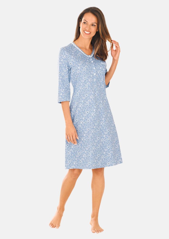 Nachthemd aus reiner Baumwolle mit 3/4-Arm - rauchblau / weiss / geblümt - Gr. 18/19 von Goldner Fashion