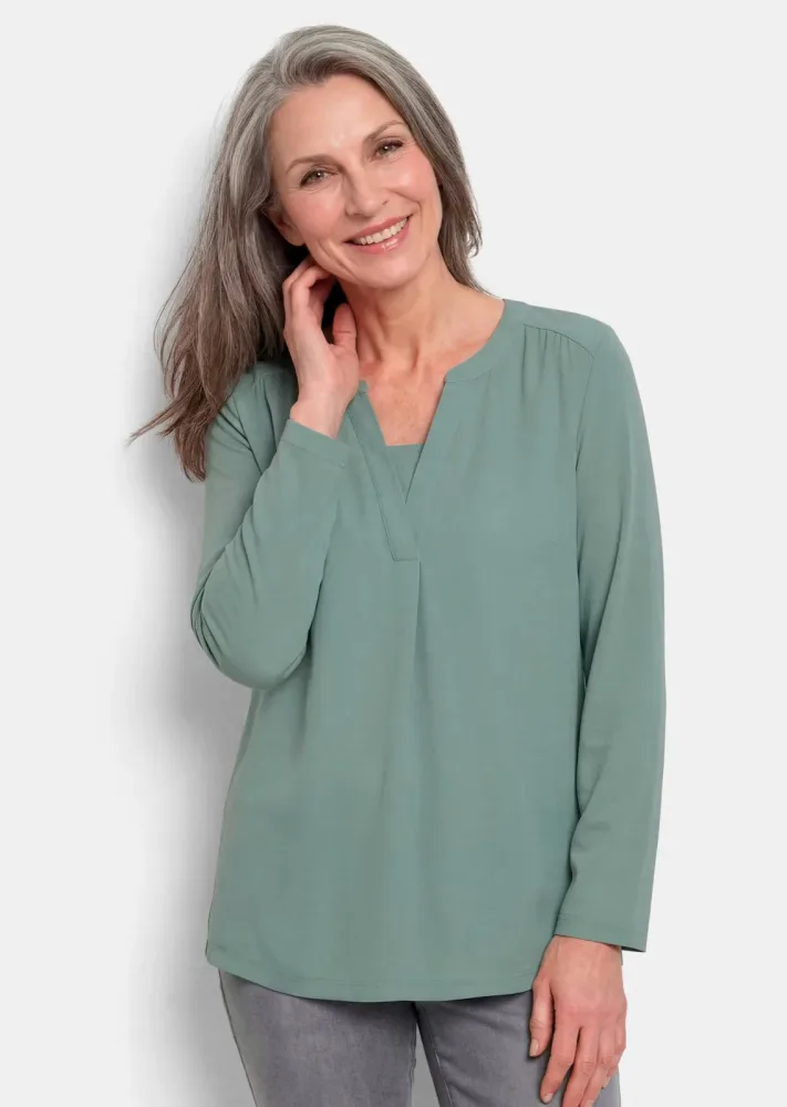 Blusenshirt mit Chiffon-Einsatz - salbei - Gr. 21 von Goldner Fashion