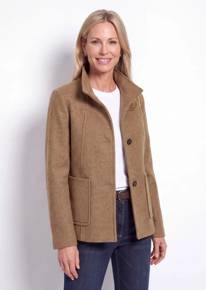 Wollmix Jacke mit Stehkragen - camel - Gr. 50 von Goldner Fashion