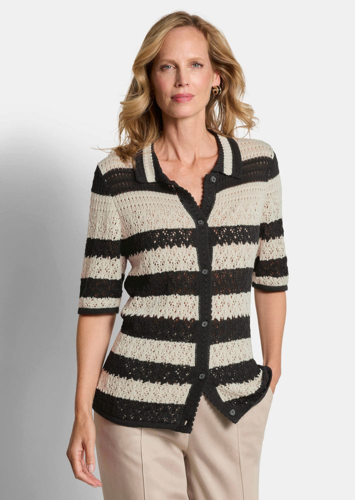 Gestreifte Strickjacke mit Lochmuster - stein / schwarz / gemustert - Gr. 21 von Goldner Fashion