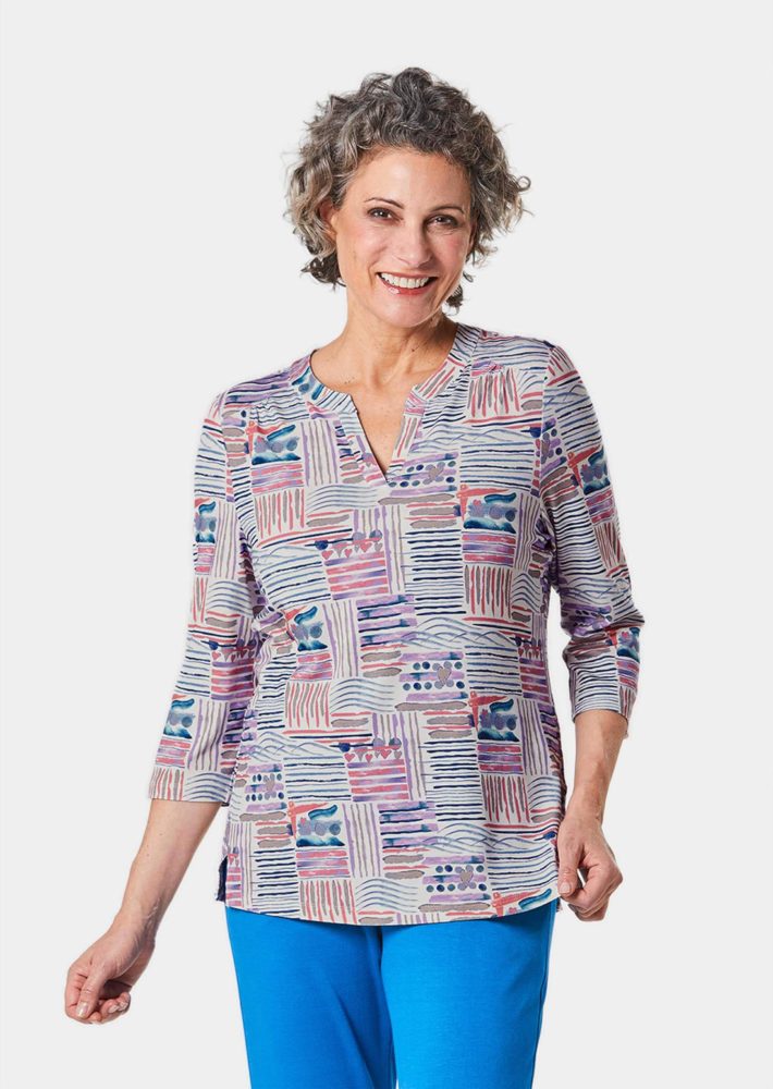 Tunika-Druckshirt mit Stehkragen - blau / lila / rosé / gemustert - Gr. 38 von Goldner Fashion