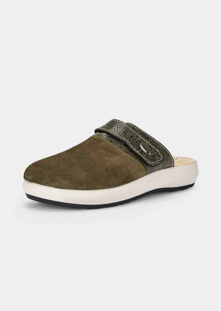 Pantoletten aus Veloursleder mit Klettverschluss - khaki - Gr. 36 von Goldner Fashion
