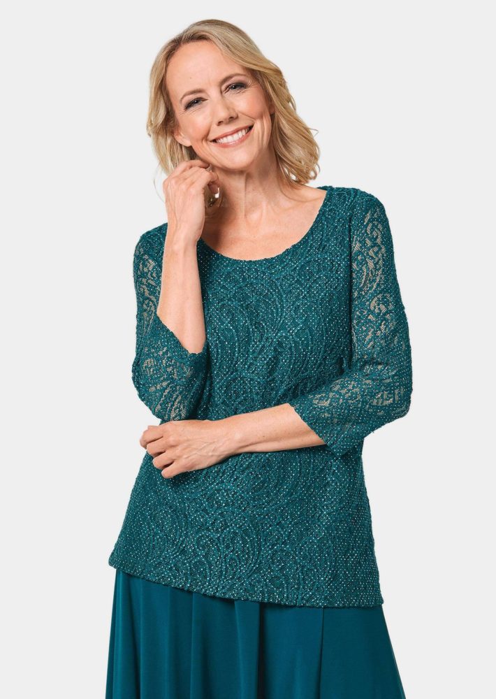 Spitzenbluse mit zartem Glanz - smaragd - Gr. 40 von Goldner Fashion
