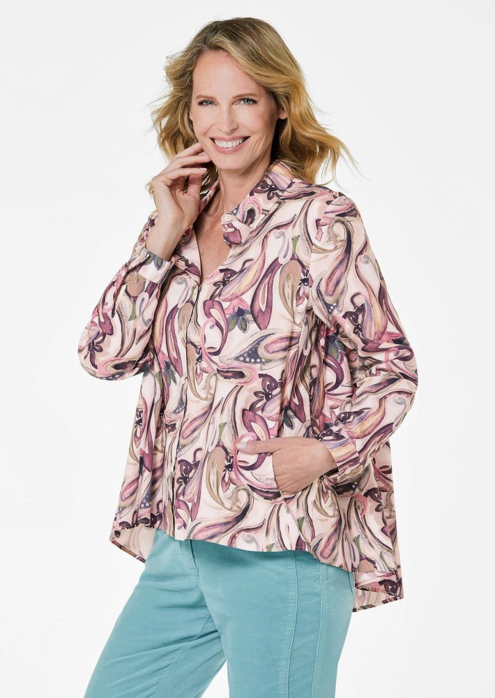 Weite Hemdkragenbluse mit Paisley Muster - rosé / gemustert - Gr. 19 von Goldner Fashion