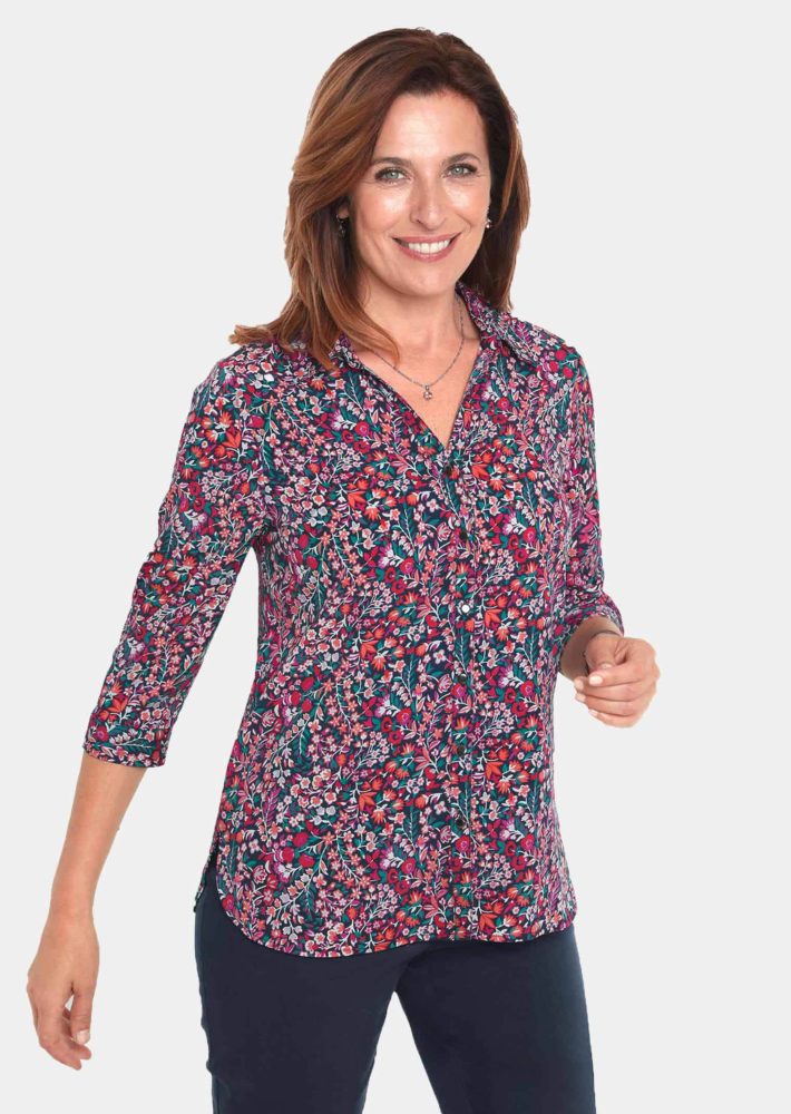 Pflegeleichte Bluse mit 3/4-Arm - pink / rot / gemustert - Gr. 24 von Goldner Fashion
