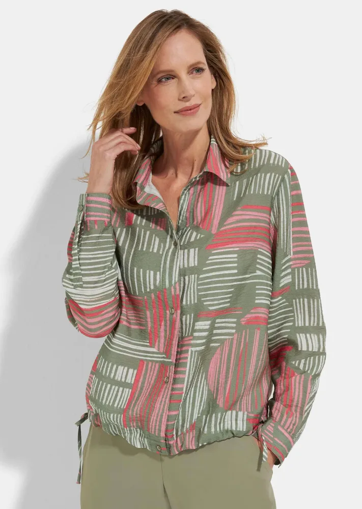 Sommerbluse mit Tunnelzug am Saum - pink / khaki / cremeweiss - Gr. 42 von Goldner Fashion