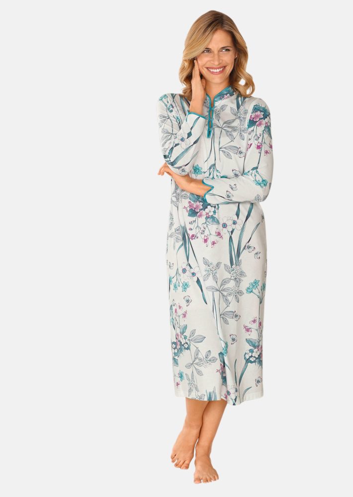 Baumwoll-Nachthemd mit Stehkragen und Knopfleiste - weiss / smaragd / rosé - Gr. 20/21 von Goldner Fashion