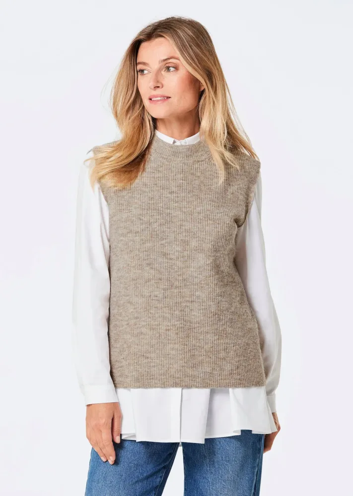 Rippstrick Pullunder mit Stehkragen - taupe - Gr. 42 von Goldner Fashion