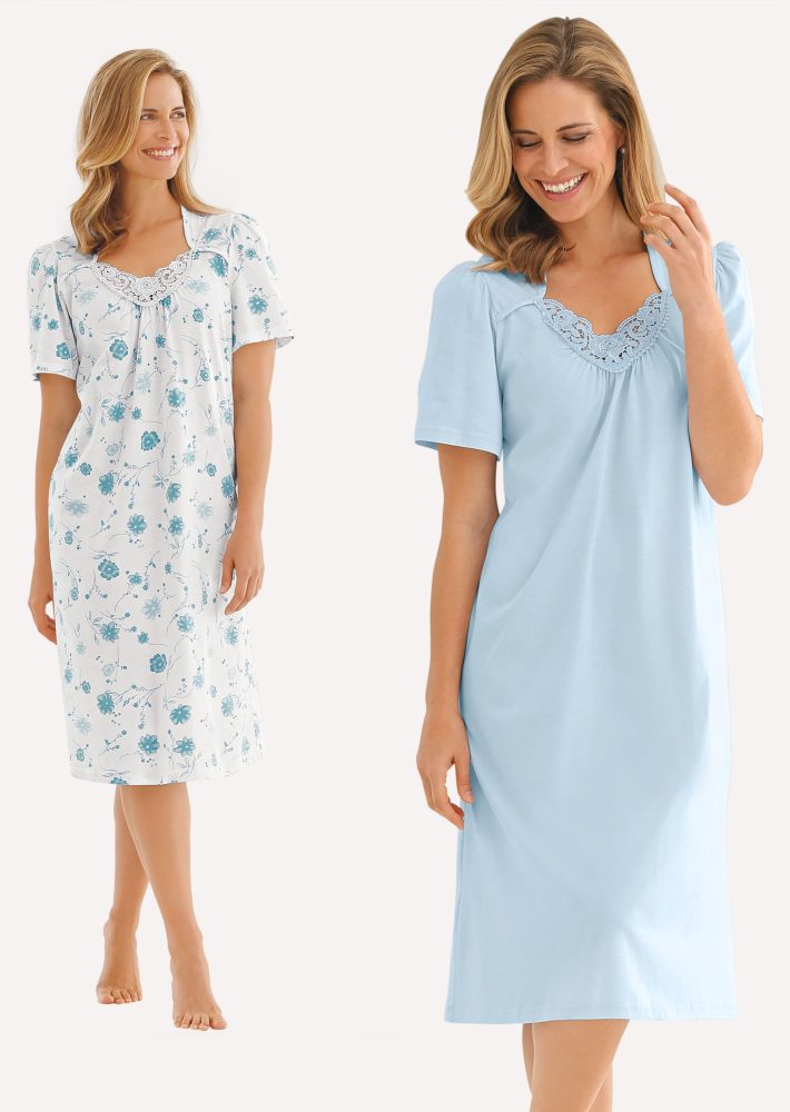 Nachthemden im Set aus reiner Baumwolle - weiss / hellblau - Gr. 18/19 von Goldner Fashion
