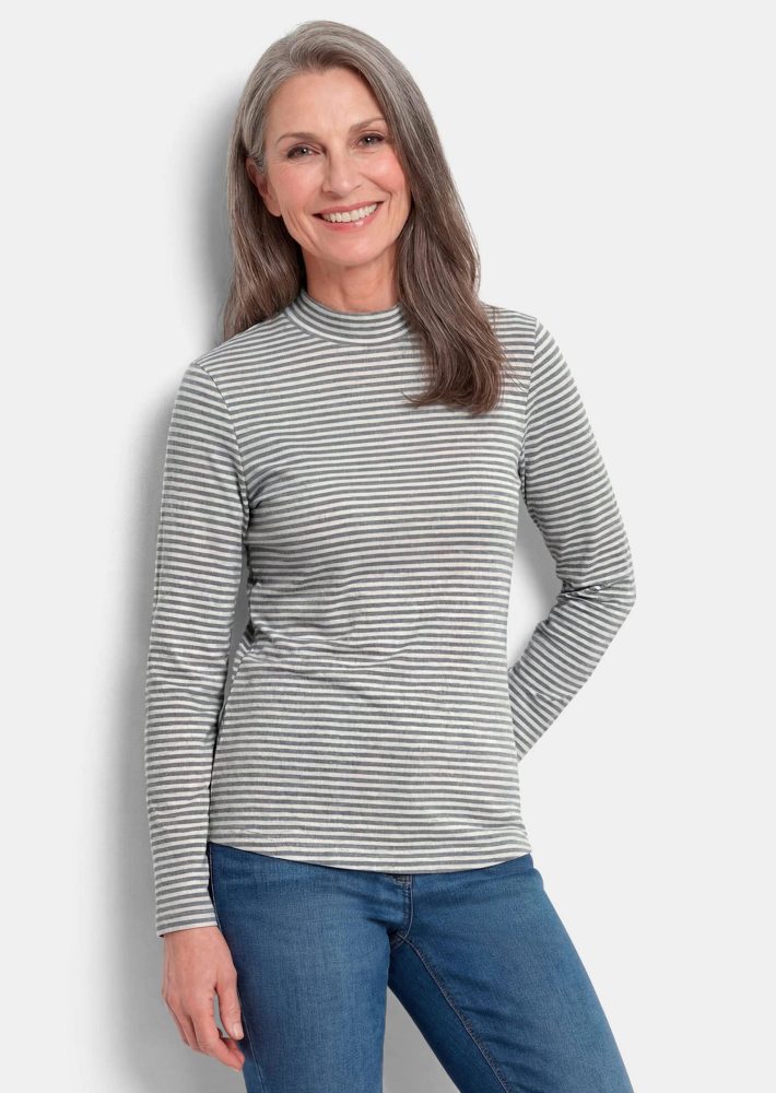 Langarmshirt mit Ringel und Stehkragen - grau / cremeweiss / geringelt - Gr. 21 von Goldner Fashion