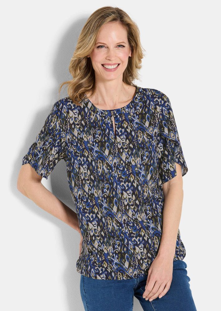Bluse mit doppellagigen Ärmeln - blau / stein / gemustert - Gr. 40 von Goldner Fashion