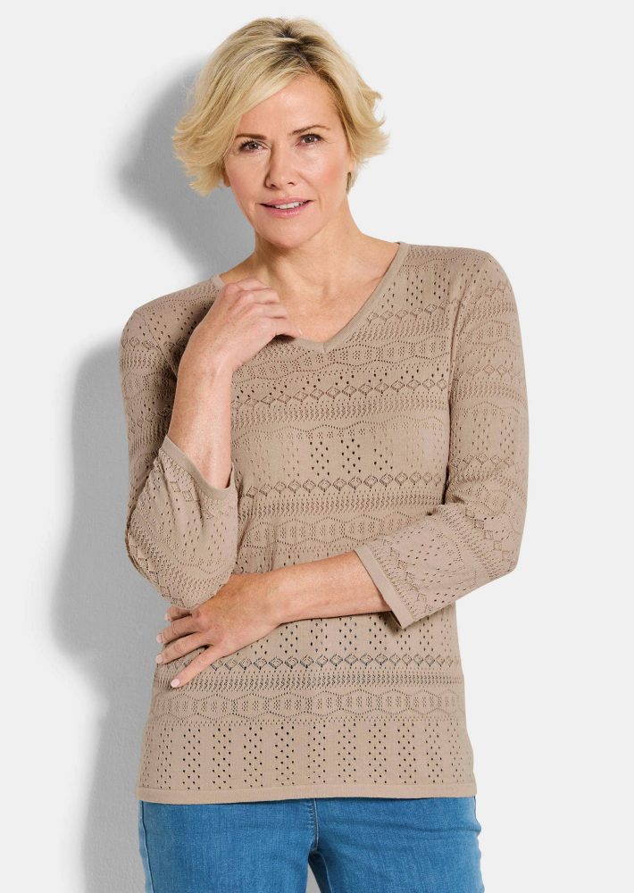 Leichter Strickpullover mit Ajourmuster - beige - Gr. 21 von Goldner Fashion