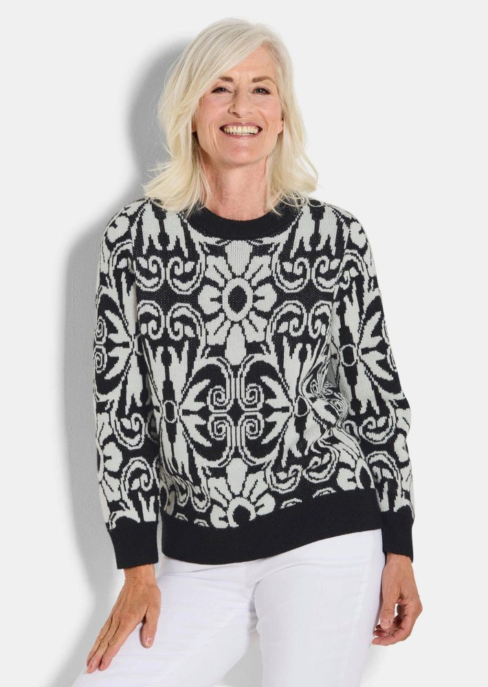 Strickpullover mit Schurwolle - schwarz / weiss / gemustert - Gr. 54 von Goldner Fashion