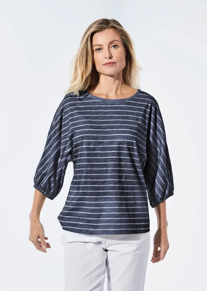 Shirt aus Effektgarn - marine / weiss / geringelt - Gr. 20 von Goldner Fashion