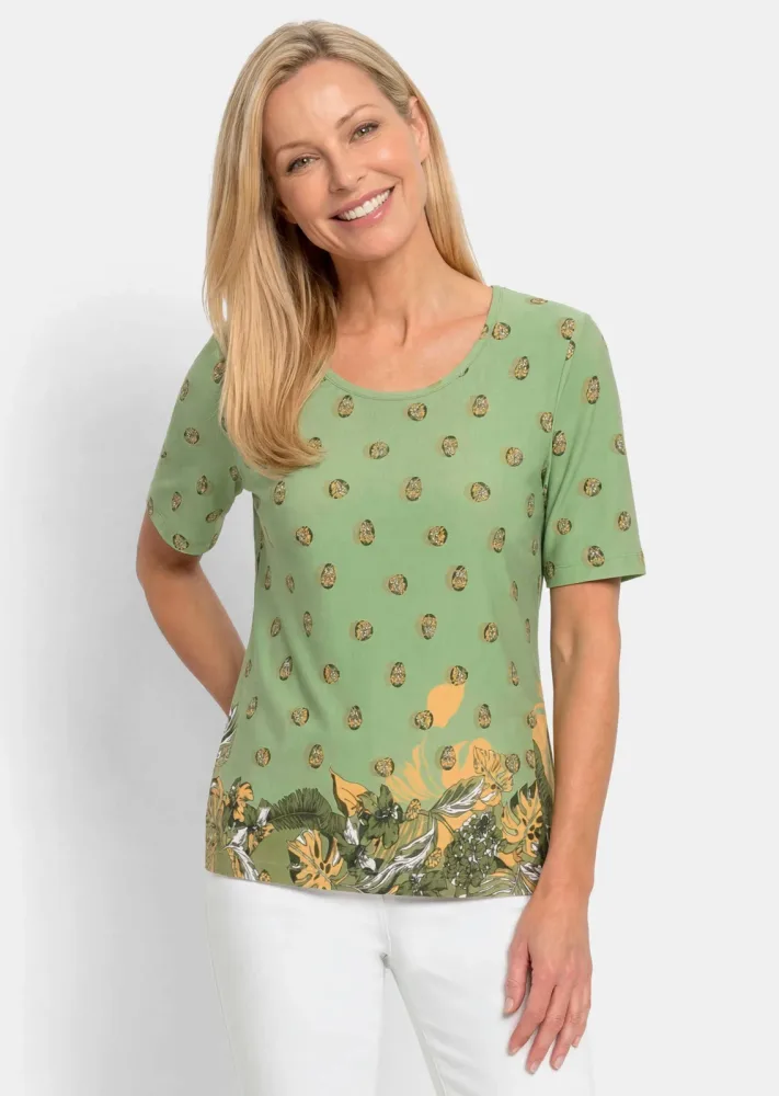 Viskoseshirt mit Blüten- und Blätter-Print - hellgrün / honig / gemustert - Gr. 19 von Goldner Fashion